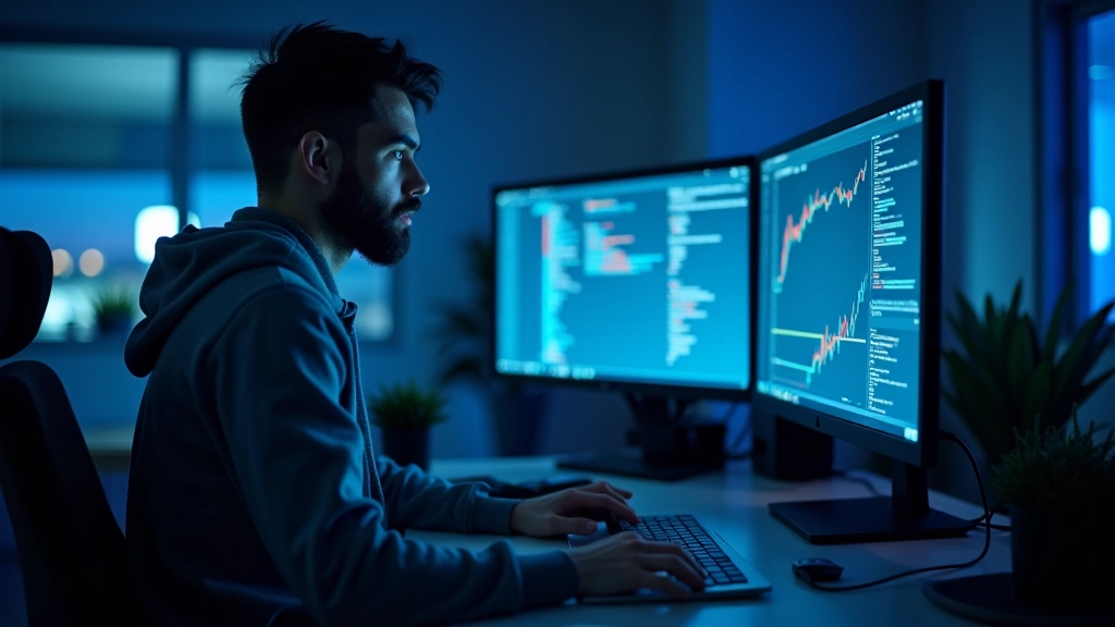 Laptop screen displaying algorithmic trading model with green data visualizations and performance metrics