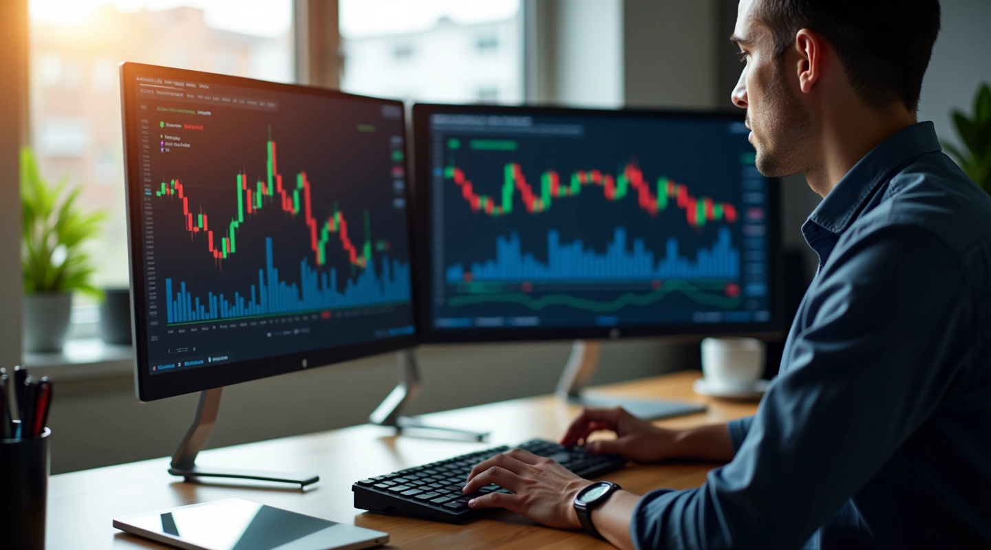 Financial analyst workspace with multiple monitors showing market data and trading terminals