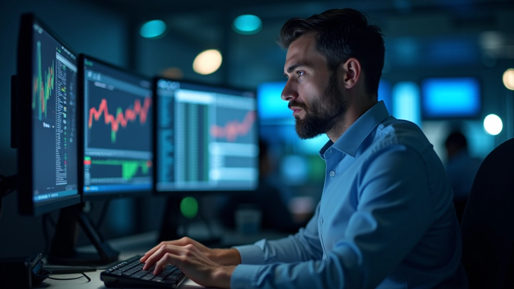 Professional trader analyzing multiple screens displaying real-time market data, charts, and trading algorithms in a modern financial workspace