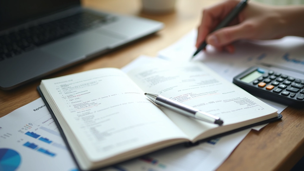 Open notebook with financial charts, calculations, and market analysis notes on a desk