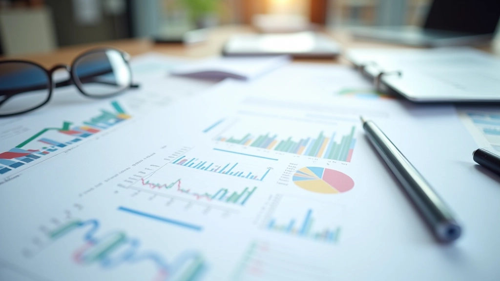 Printed financial reports, spreadsheets, and analysis documents arranged on a clean desk